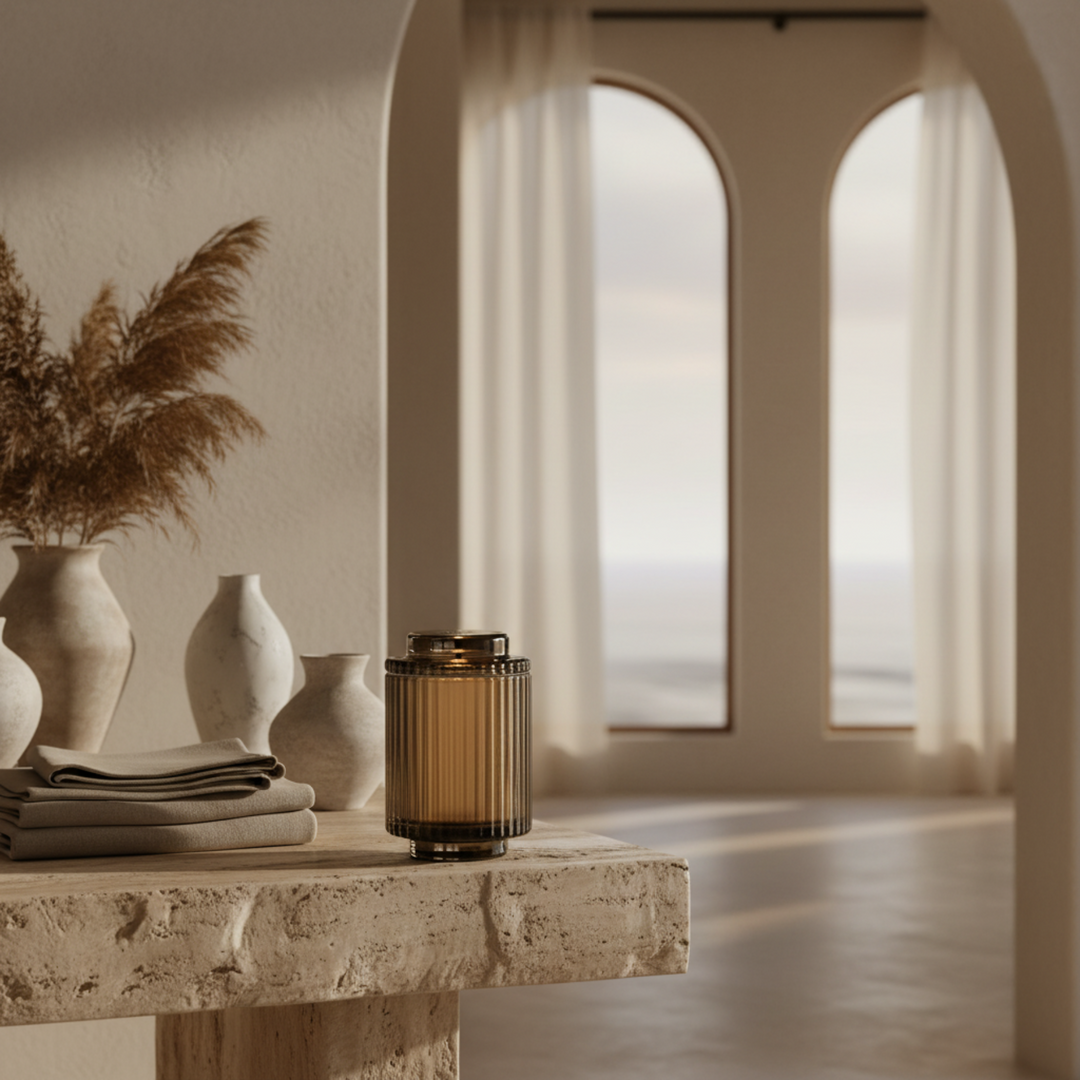 Aurélie Reeded Glass Candle: Hearth & Velvet Flames - (M)