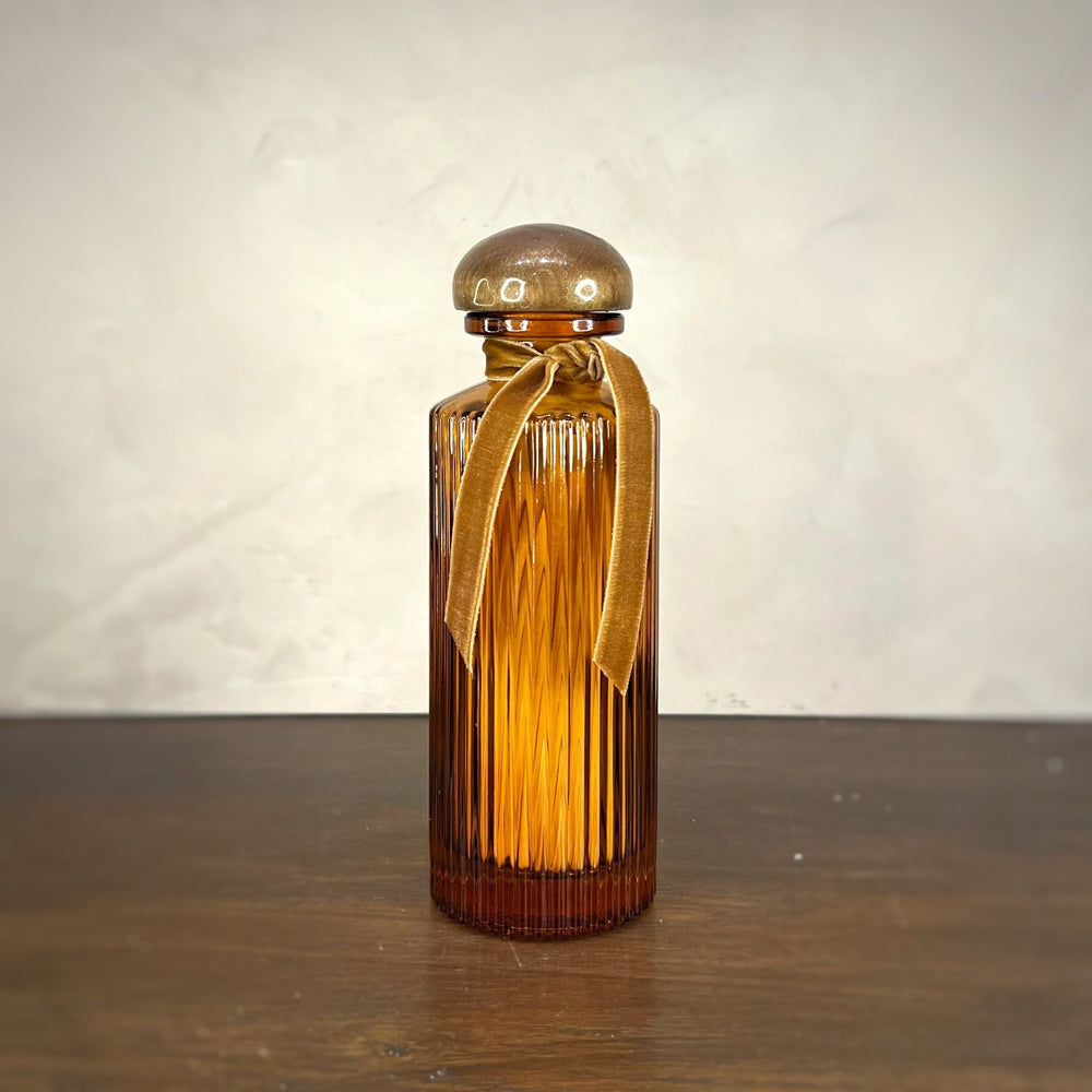 Matches in an Amber Glass Reeded Bottle with Bronze Top and Bronze Velvet Ribbon