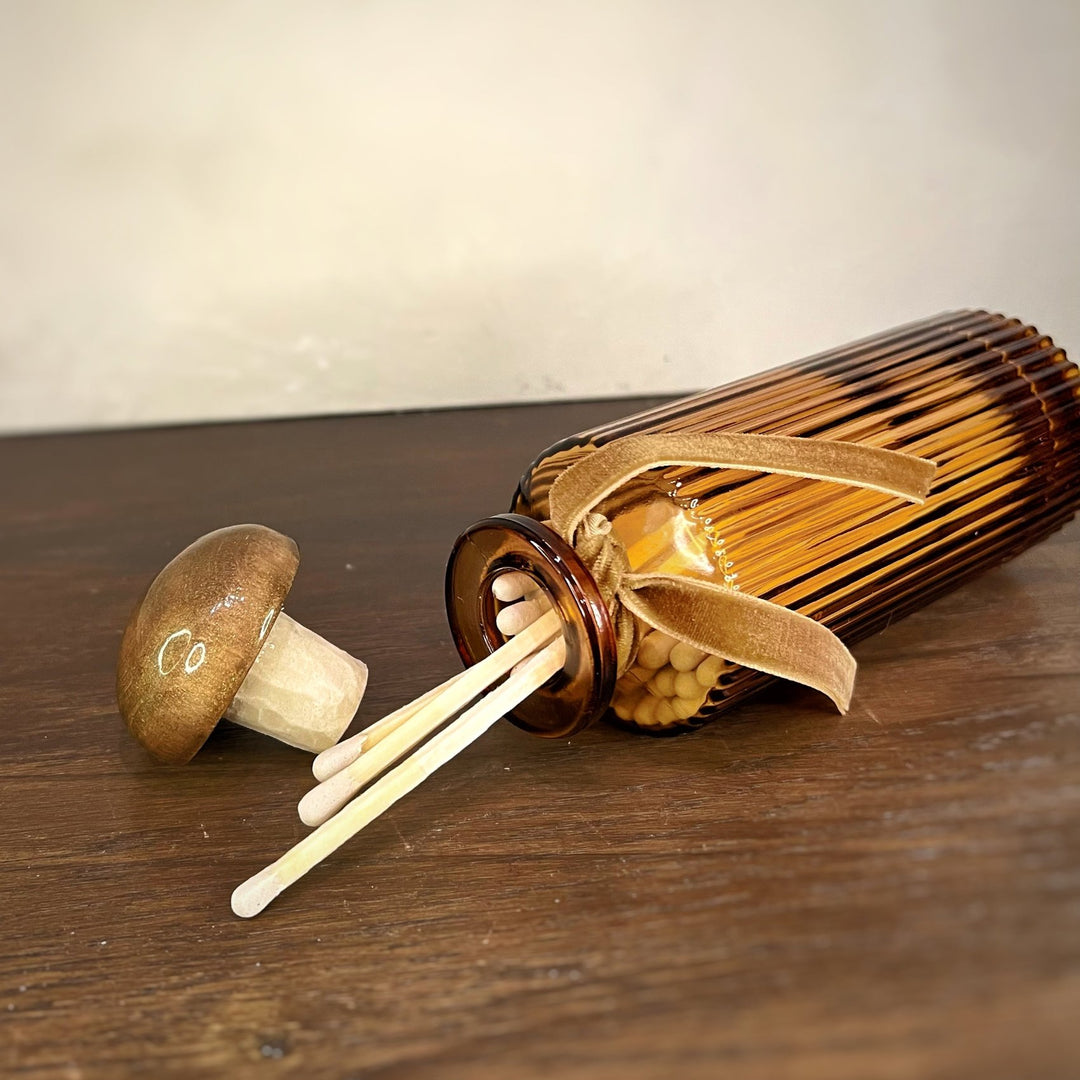 Matches in an Amber Glass Reeded Bottle with Bronze Top and Bronze Velvet Ribbon