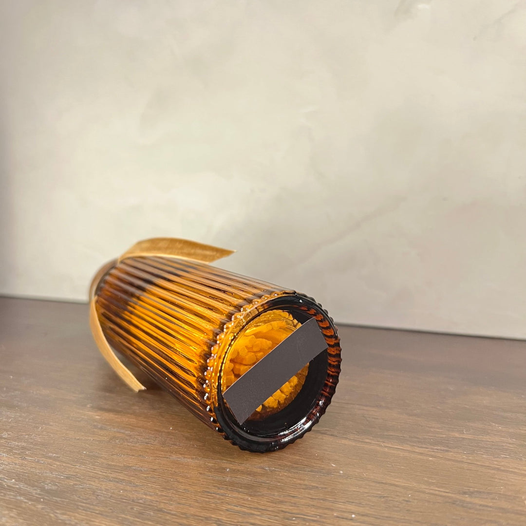 Matches in an Amber Glass Reeded Bottle with Bronze Top and Bronze Velvet Ribbon