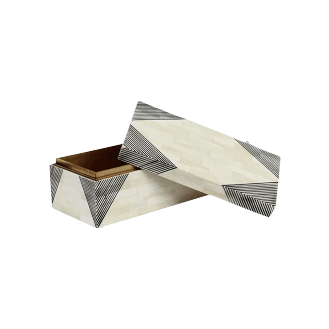 A rectangular box with a geometric pattern, featuring strips of resin and natural bone trimming, displayed open to show the interior.