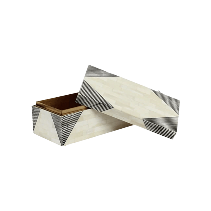 A rectangular box with a geometric pattern, featuring strips of resin and natural bone trimming, displayed open to show the interior.