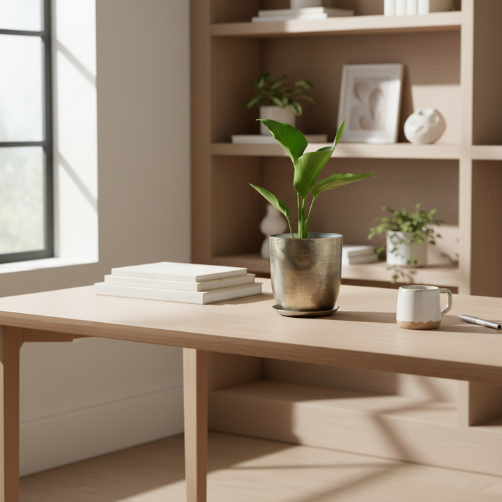 Lifestyle shot of silver metal planter